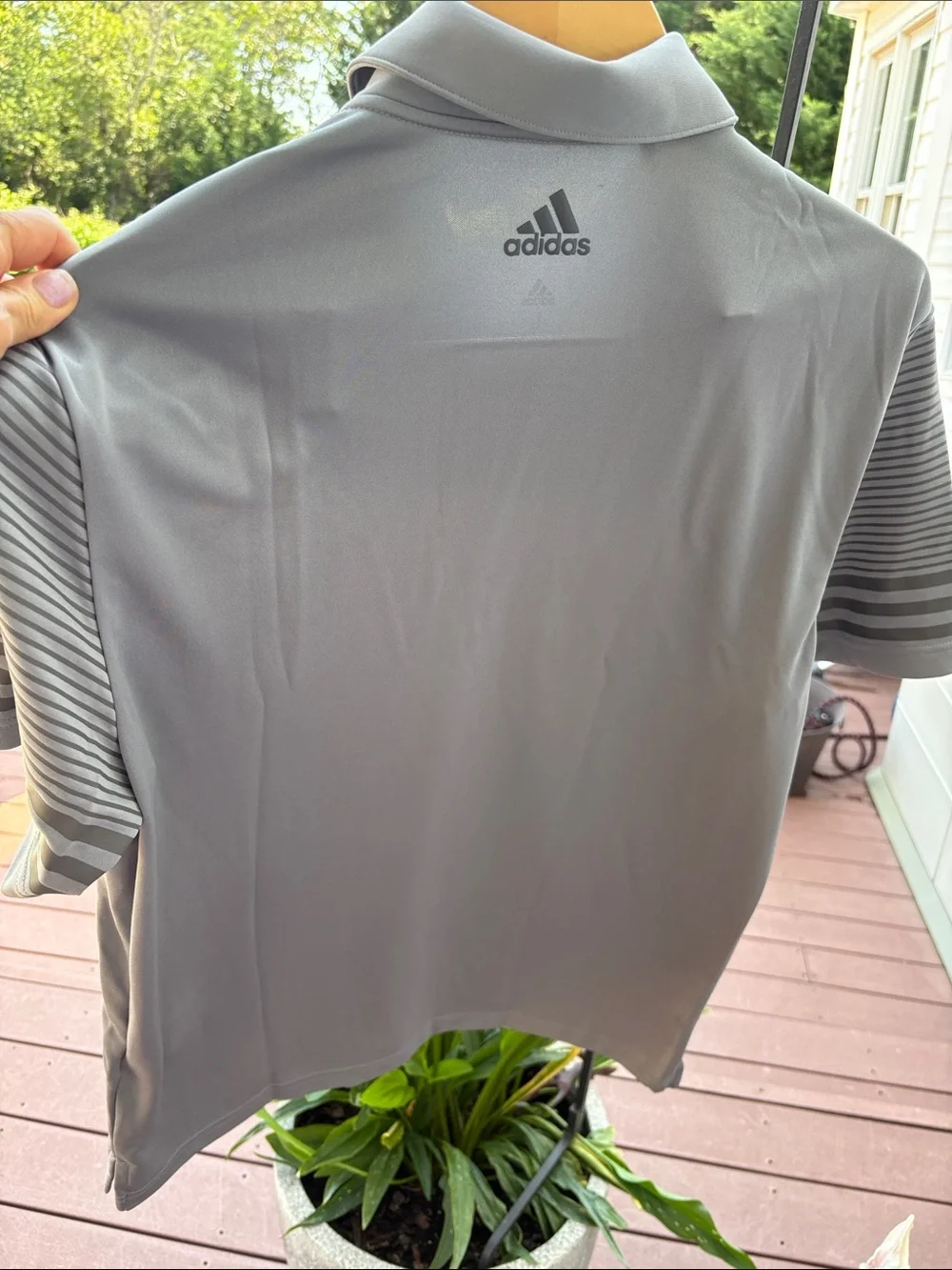 adidas Golf Men's Gray Performance Polo with Striped Sleeve Detail Large